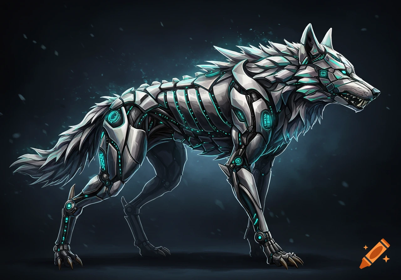 A sleek, futuristic cybernetic wolf with glowing blue energy lines and intricate metal plating stands against a dark background.