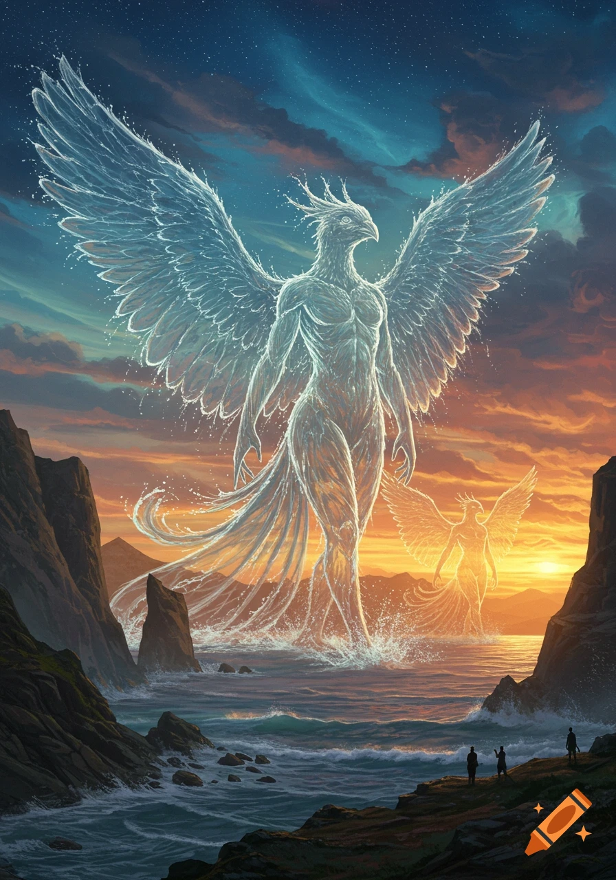 Giant water phoenixes emerge from the ocean at sunset, watched by figures on coastal cliffs. Epic fantasy digital art.