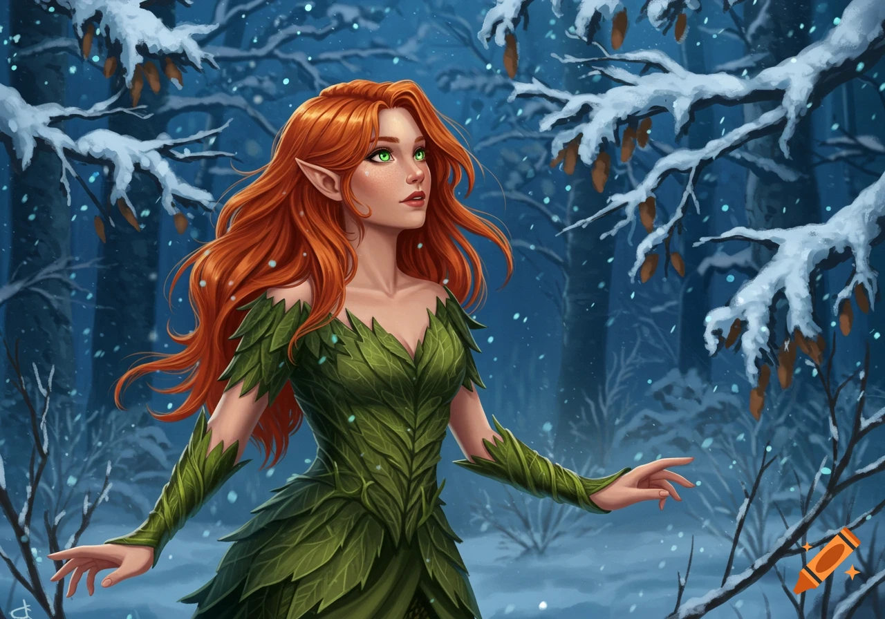 A red-haired elf woman in a green leaf dress stands in a snowy winter forest at night, digital art.