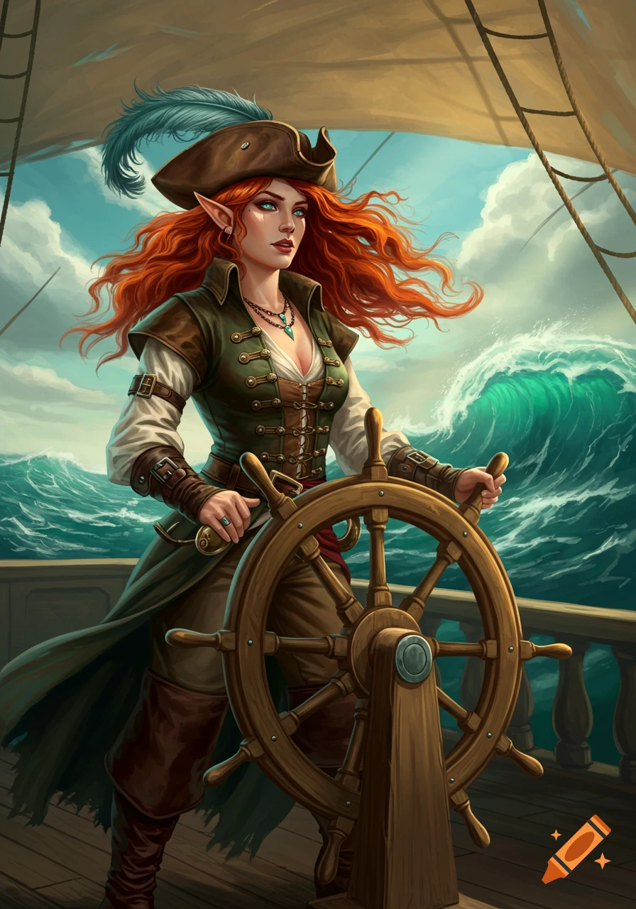 A red-haired elf pirate steers a ship's wheel on a stormy sea with large waves.