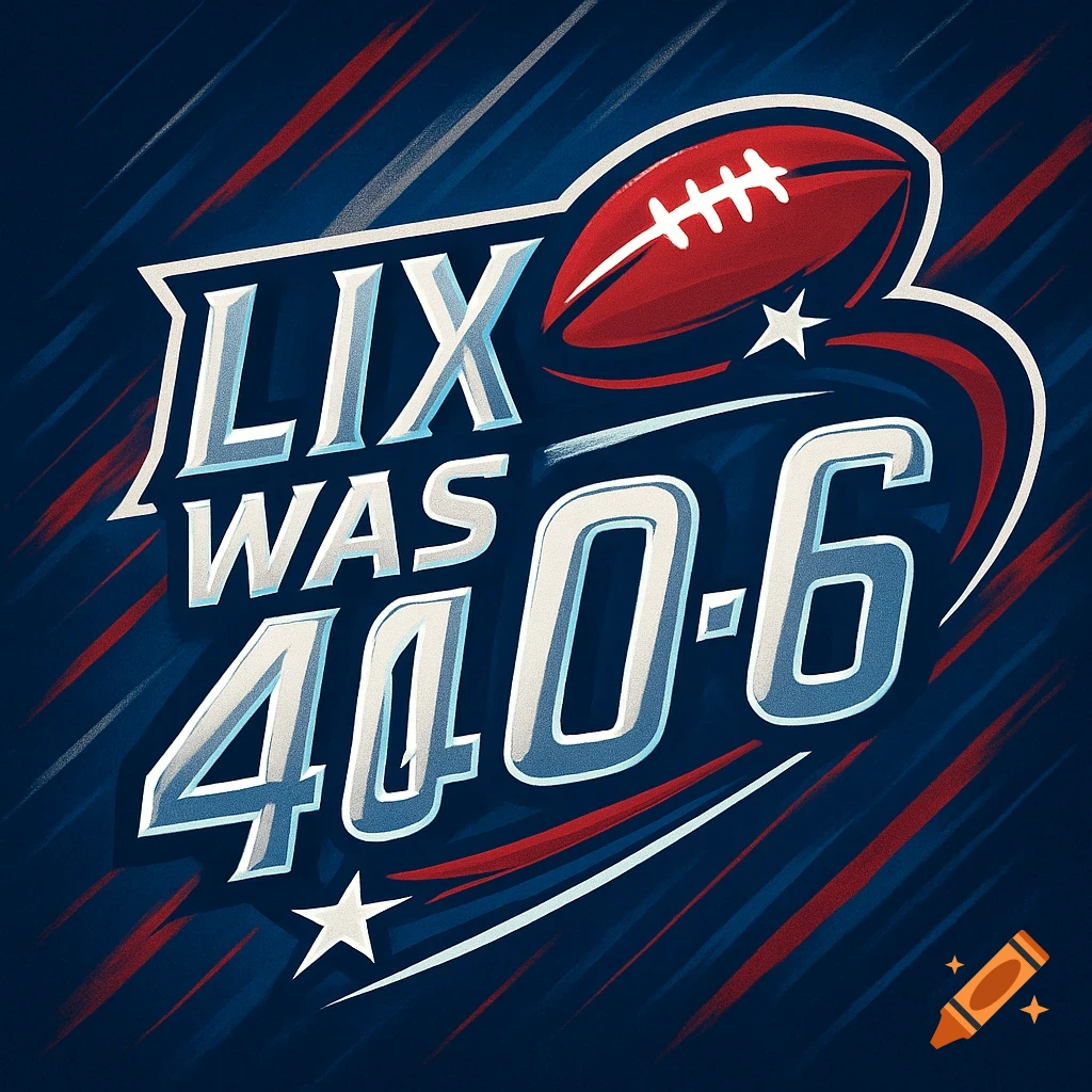 A fantasy football logo in red, white, and blue, featuring a football and the text 'LIX WAS 40-6' with dynamic brushstroke background.