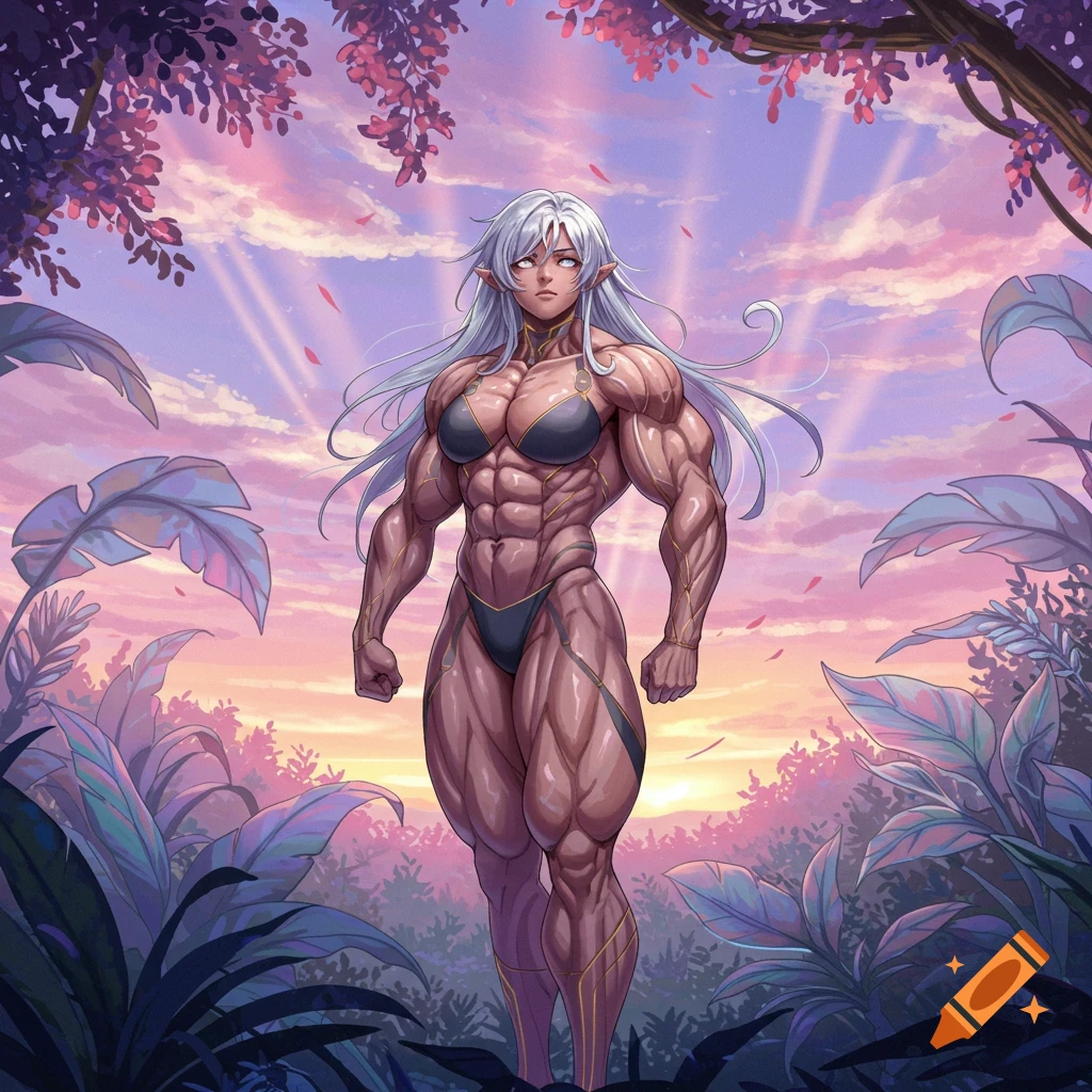 A very muscular anime elf woman with long white hair stands in a vibrant fantasy forest at sunset, wearing a dark bikini.