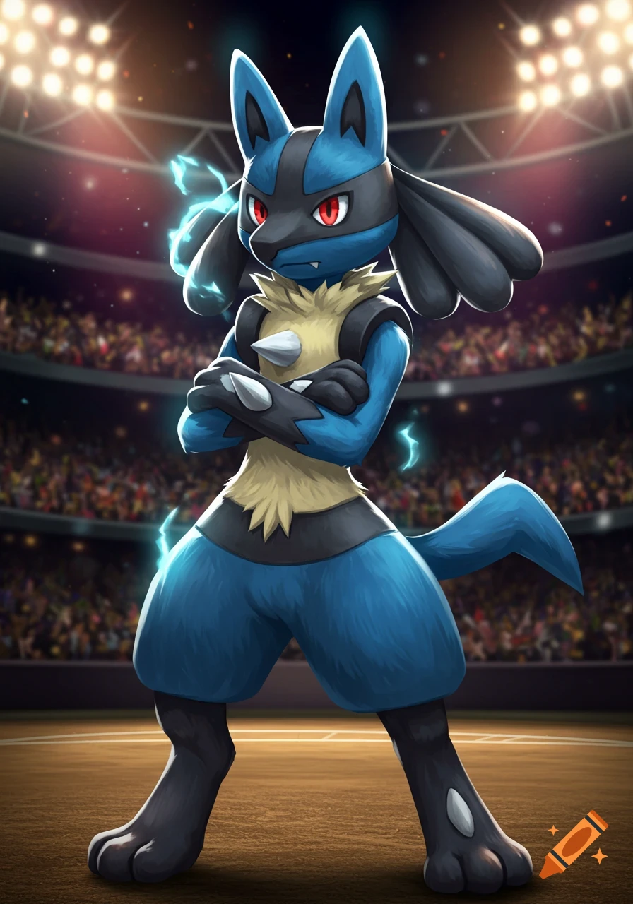 An illustration of the Pokémon Lucario standing confidently in a stadium with its arms crossed and electric aura.