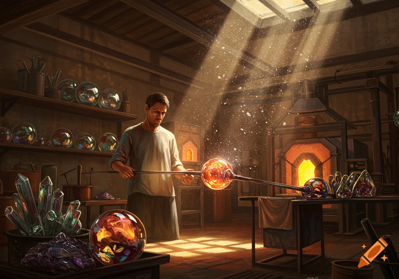 A man glassblowing a glowing orb in a sunlit workshop filled with crystals and glass, in a fantasy art style.