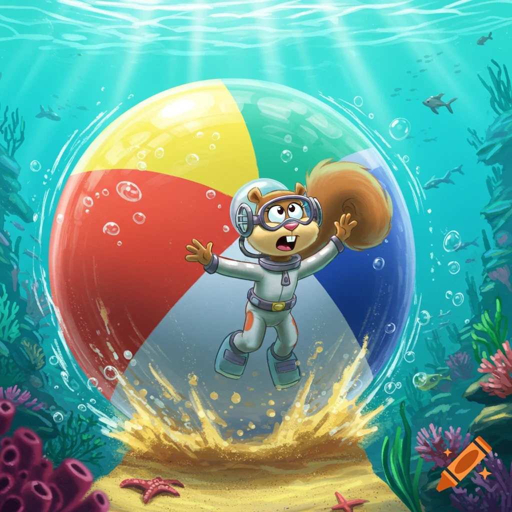 Sandy Cheeks in a spacesuit floats inside a giant beach ball underwater, kicking up sand, with coral and fish around, in a cartoon style.