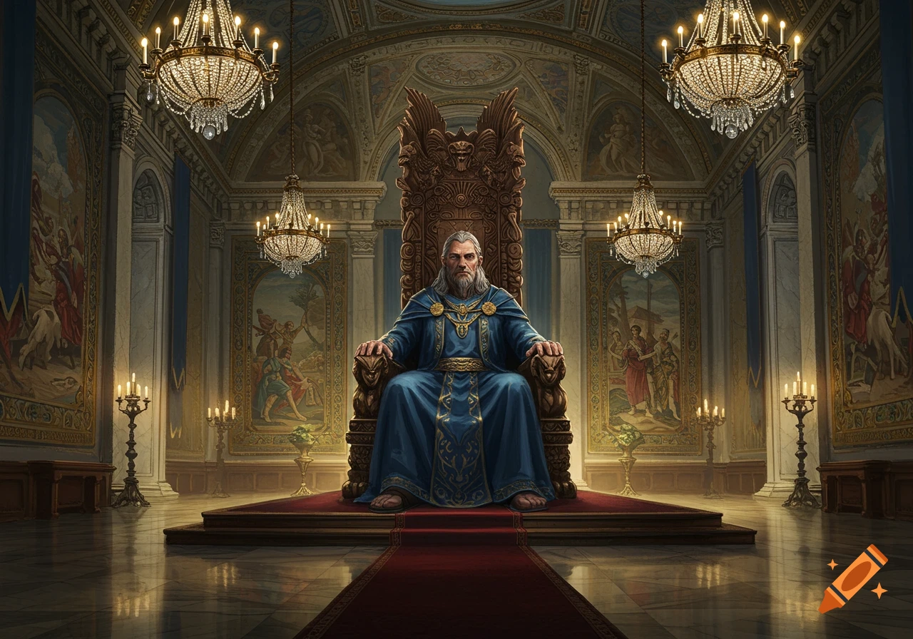 A powerful bearded man in blue robes sits on a large, ornate throne in a grand hall with chandeliers and murals.
