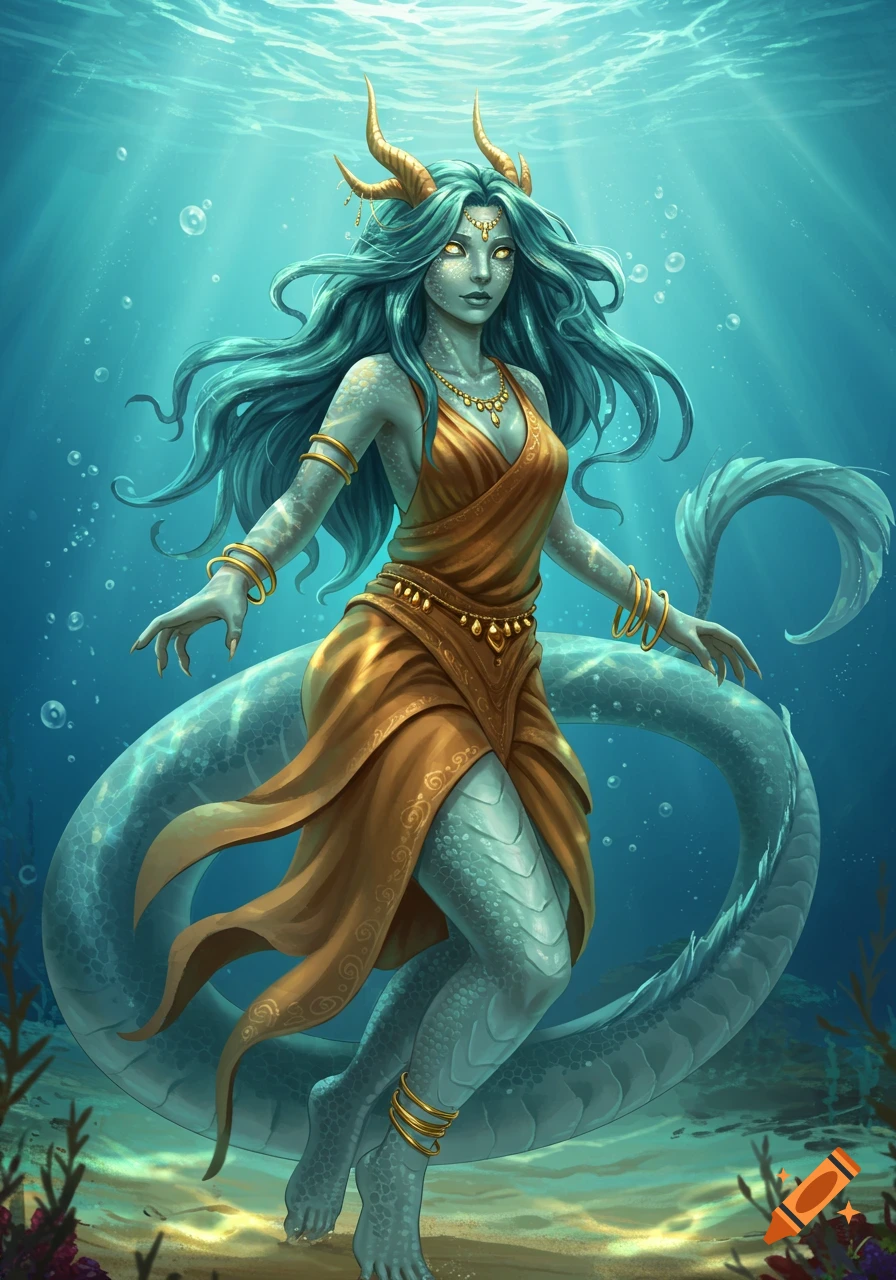 A teal-haired aquatic dragon shifter woman with golden horns, scales, and an ochre dress swims underwater amidst bubbles.