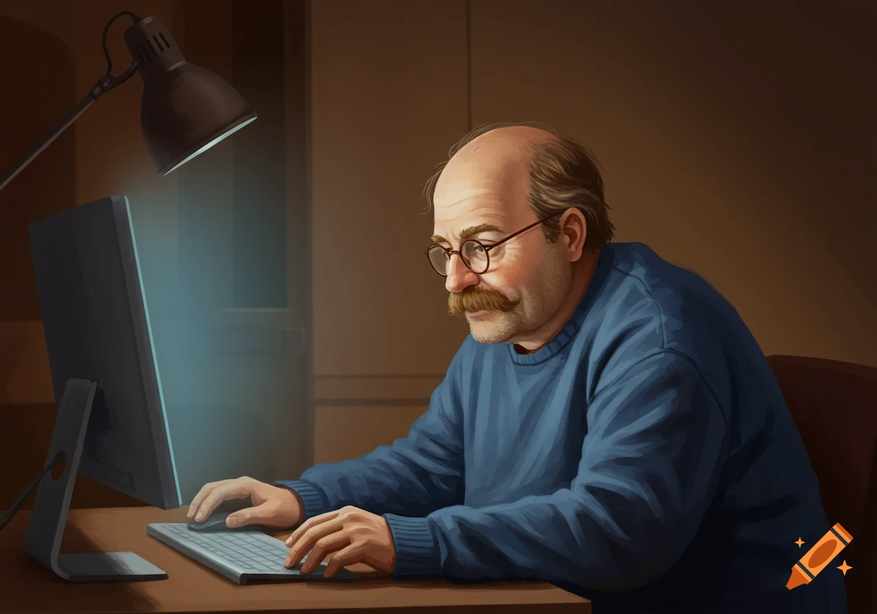 An illustration of a balding man with a mustache and glasses wearing a blue jumper, intently typing at a computer desk under a lamp.