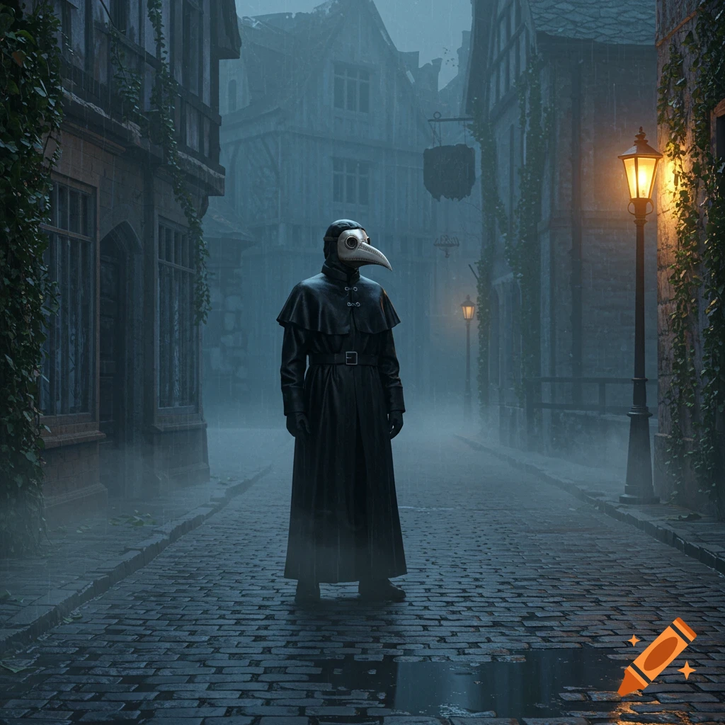 A plague doctor in a black coat and beak mask stands on a wet cobblestone street in a foggy, rainy old town at night.