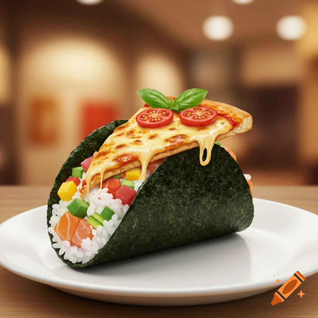 A sushi taco with rice, salmon, and colorful vegetables, topped with a slice of melting cheese pizza, cherry tomatoes, and basil leaves, on a white plate.
