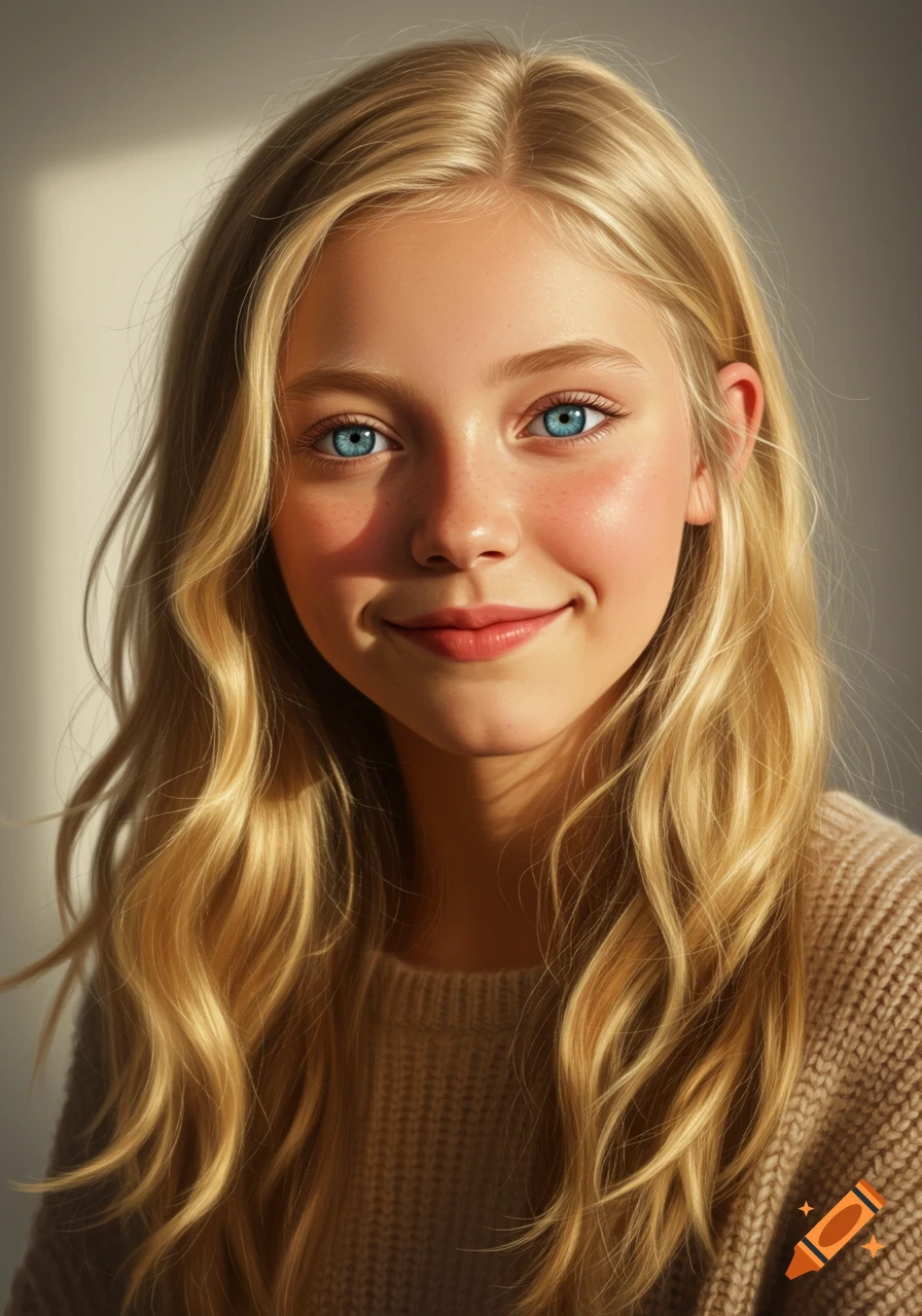 Close-up photorealistic portrait of a smiling blonde girl with bright blue eyes, wearing a beige sweater, in soft natural light.