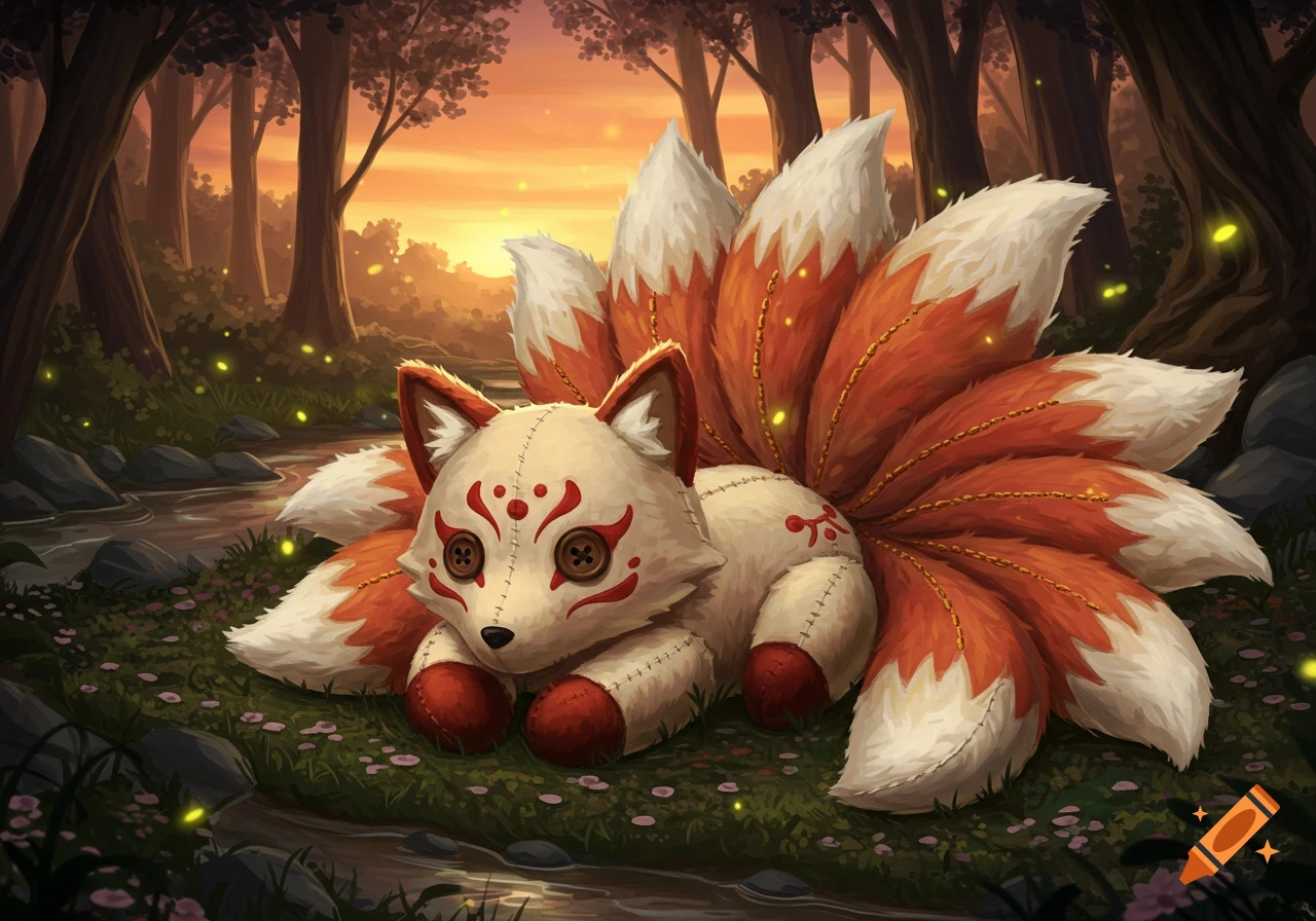A cream and orange plushie kitsune with button eyes and red markings lies in a magical forest path with fireflies at sunset.