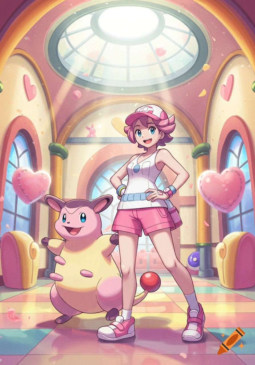 Anime illustration of Pokémon trainer Whitney with pink hair and a white top, standing proudly beside a cheerful Miltank in a pastel, heart-decorated room.