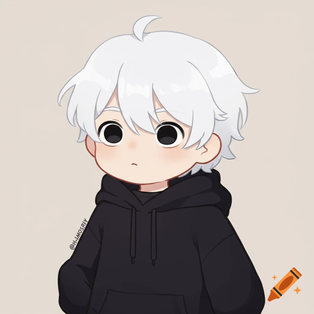 A cute, minimalist anime chibi character with white hair and a black hoodie, looking forward.