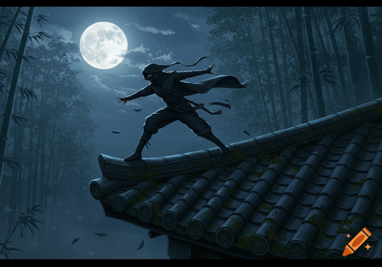 A ninja in a dark outfit balances on a tiled rooftop under a large full moon, with a dense bamboo forest in the background.
