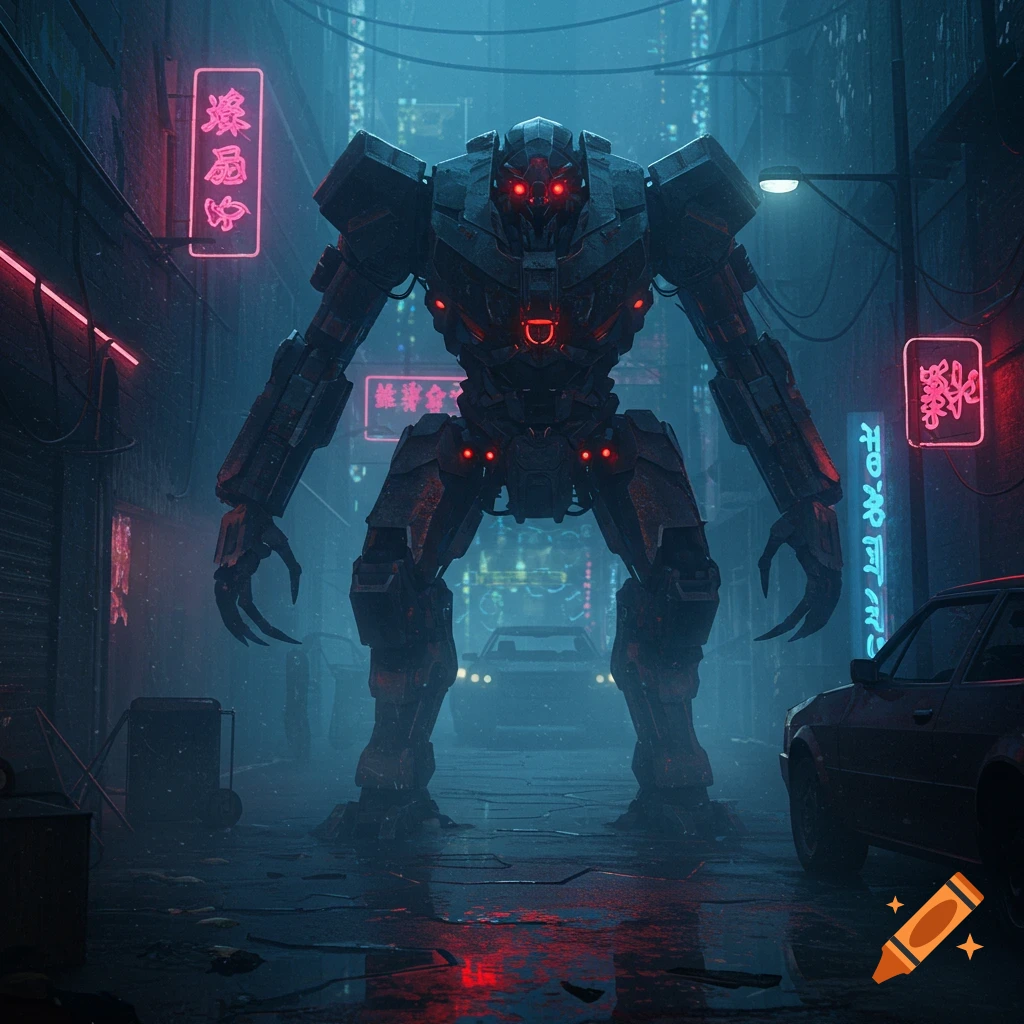 A massive, dark, menacing robot with glowing red eyes stands in a rainy, neon-lit cyberpunk alley between cars.