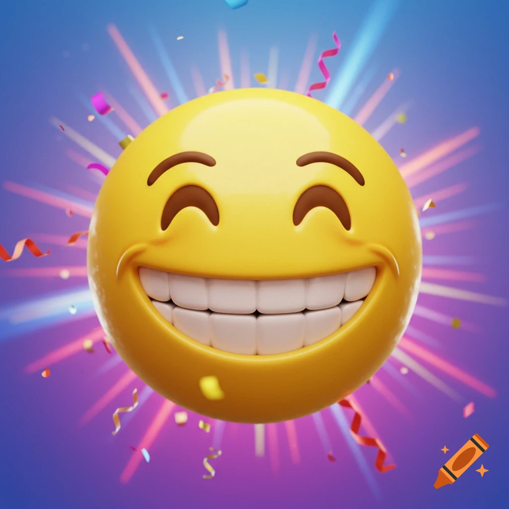 A 3D rendered grinning emoji with closed eyes and a wide smile, surrounded by colorful confetti on a vibrant purple and blue burst background.
