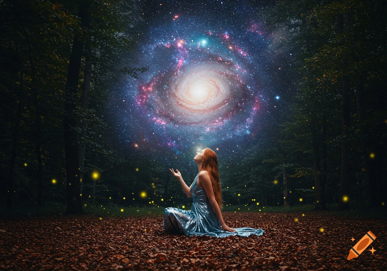 A woman with red hair sits in a forest, head tilted back, hands open, gazing at a swirling galaxy above.