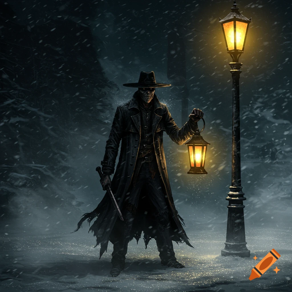 Skeletal figure in a long coat and hat holds a glowing lantern and knife on a snowy street beside a lamppost at night.