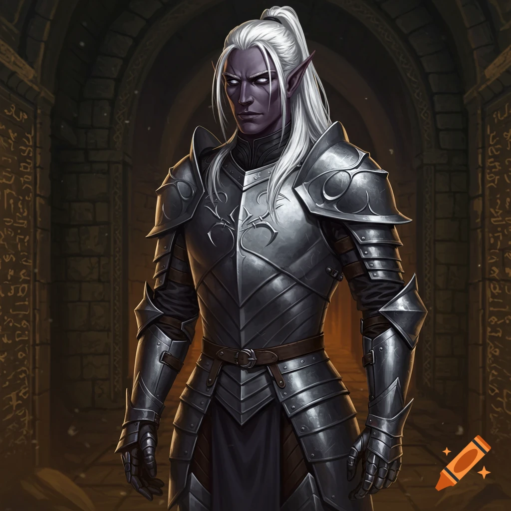 A male drow with dark skin, white ponytail, and silver plate armor stands in a stone dungeon.