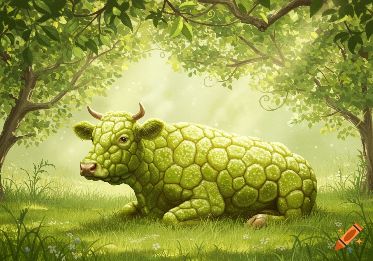 A green cow, textured like a sugar apple, rests in a lush green forest clearing with dappled sunlight.