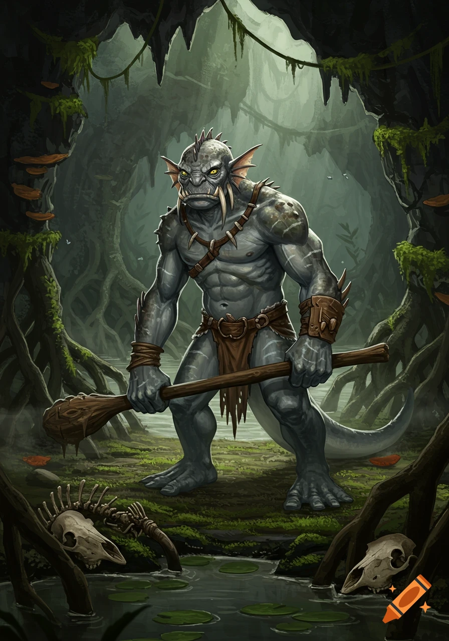 A muscular, grey-skinned aquatic troll hybrid with a fierce expression, holding a wooden club, stands in a dark, mossy swamp cave with animal bones.