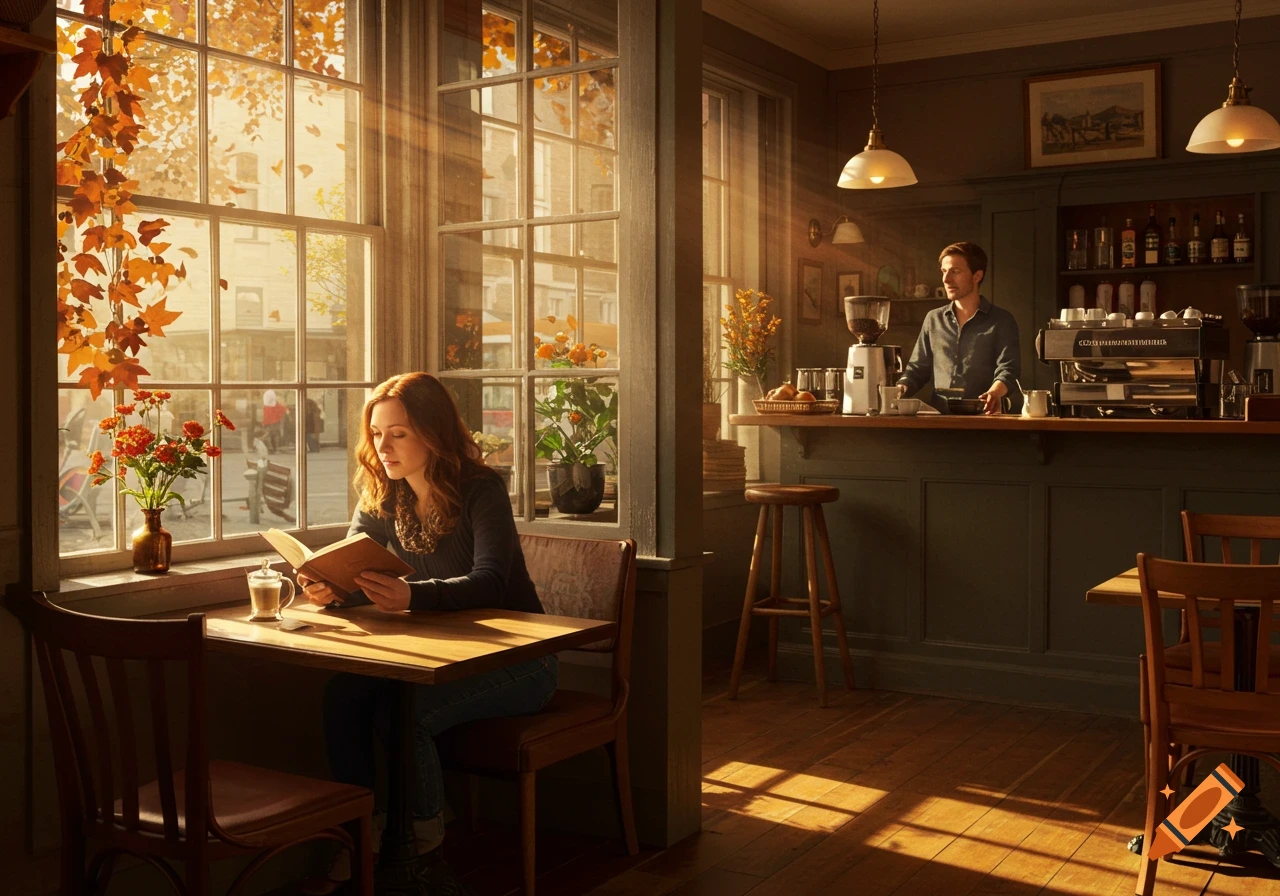 A woman reads a book by a sunlit cafe window adorned with autumn leaves, while a barista works behind the counter.