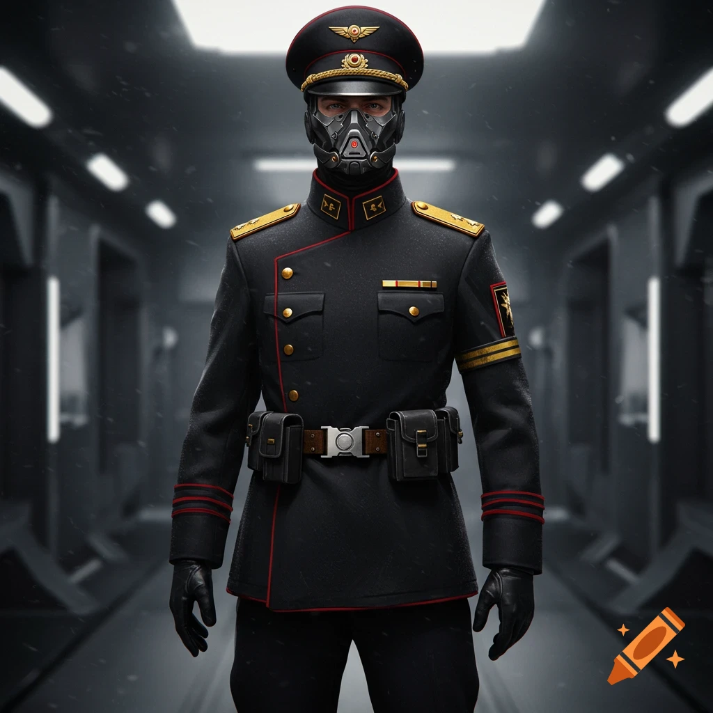 A photorealistic image of a person in a black and red sci-fi military uniform with a gas mask, standing in a futuristic hallway.