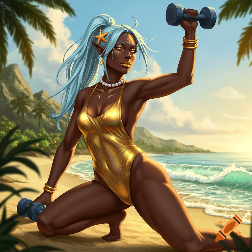 Muscular dark-skinned elf woman in a gold swimsuit working out with dumbbells on a tropical beach.