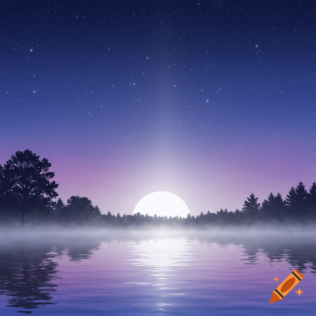 A serene night landscape with a large white moon rising over a misty lake, silhouetted trees, and a starry blue-purple sky.