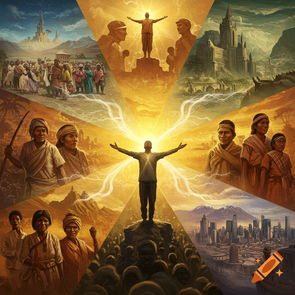 A vibrant digital painting in a collage style shows a central figure radiating light, surrounded by diverse people, ancient ruins, modern cities, and natural landscapes, symbolizing a journey of purpose and breakthrough.