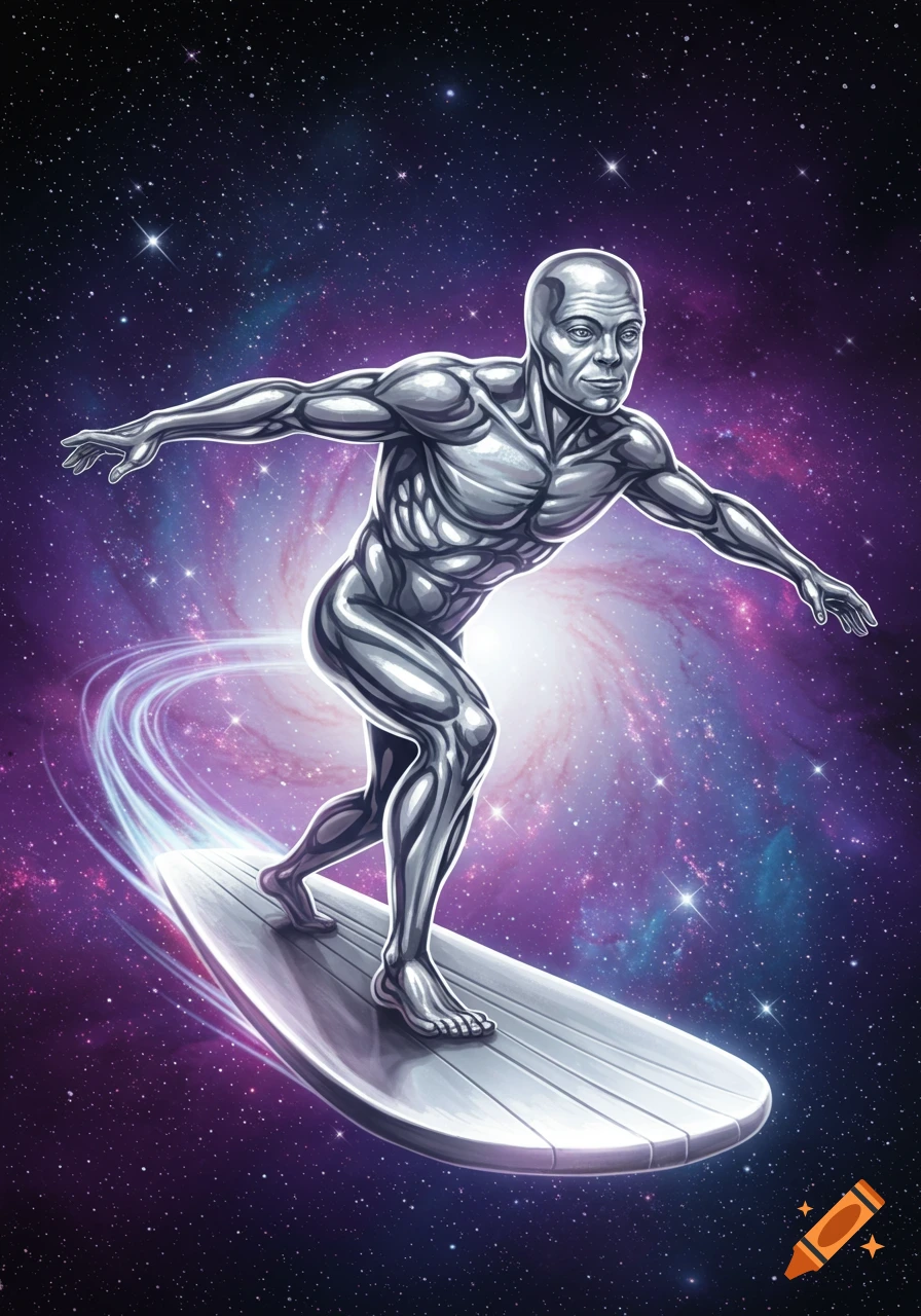 Silver Surfer on his surfboard, glowing with power, against a vibrant purple and blue galaxy background.