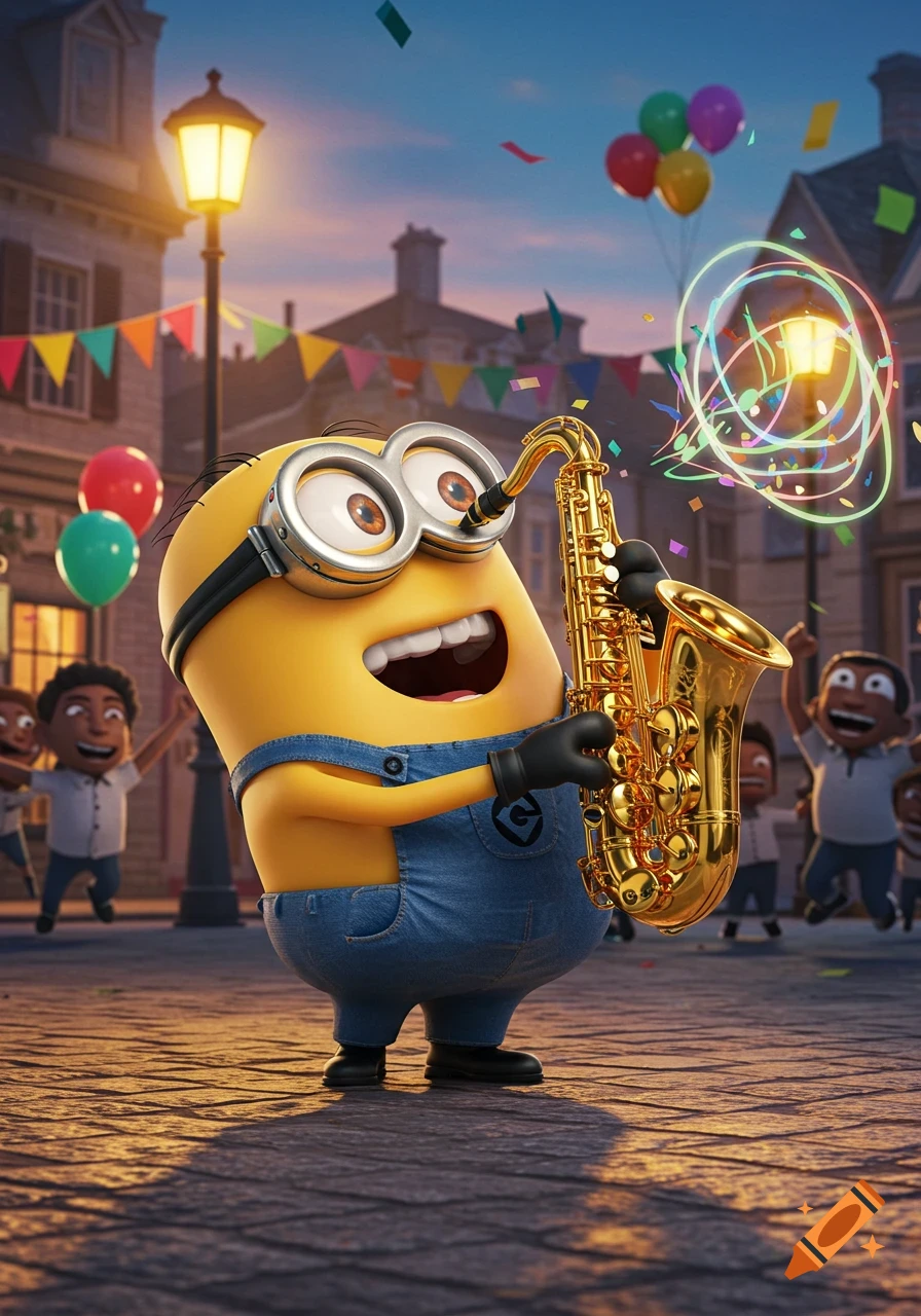 A happy Minion in overalls plays a golden saxophone on a festive street with children and balloons, in a 3D animated style.