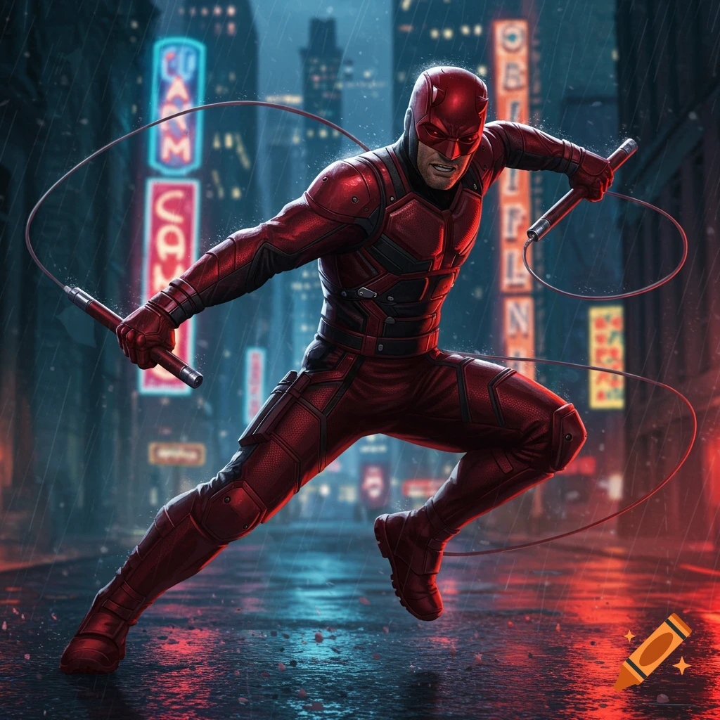 Daredevil in a red suit leaps dynamically on a rainy city street at night, holding nunchaku, in a detailed comic art style.
