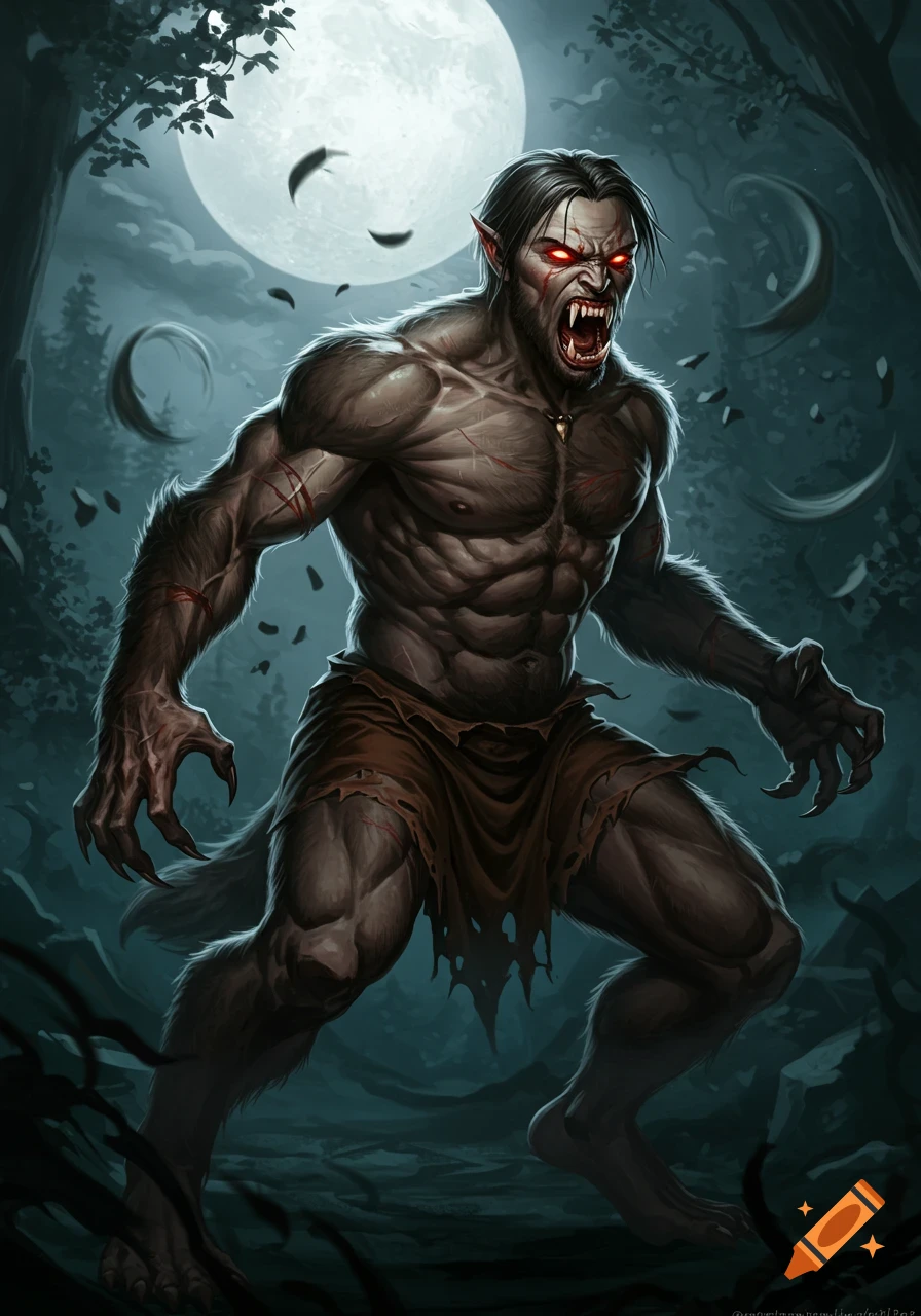 A muscular, snarling werewolf with glowing red eyes and sharp claws stands in a dark forest under a full moon, in a fantasy art style.