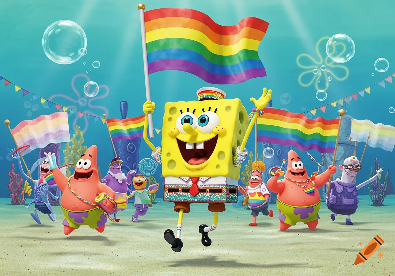 Spongebob Squarepants, Patrick, and friends joyfully participate in a vibrant LGBTQ+ pride parade underwater, carrying rainbow flags.