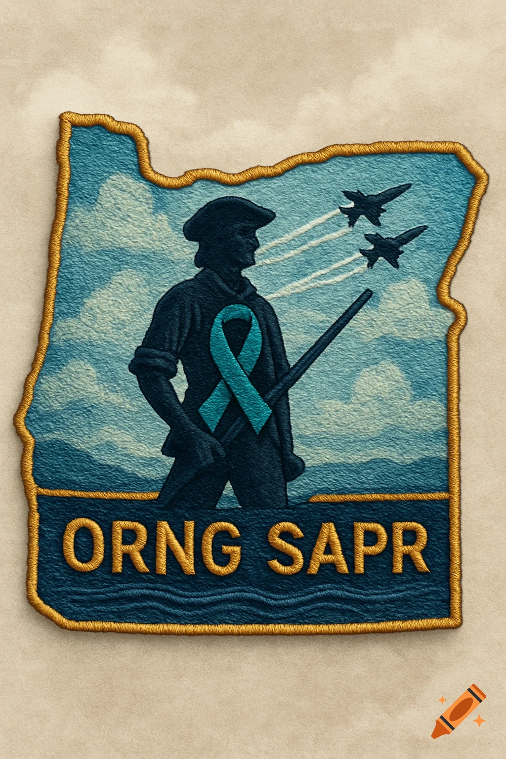 An embroidered patch in the shape of Oregon featuring a colonial soldier silhouette with a teal awareness ribbon, two jets, and the text "ORNG SAPR" at the bottom.