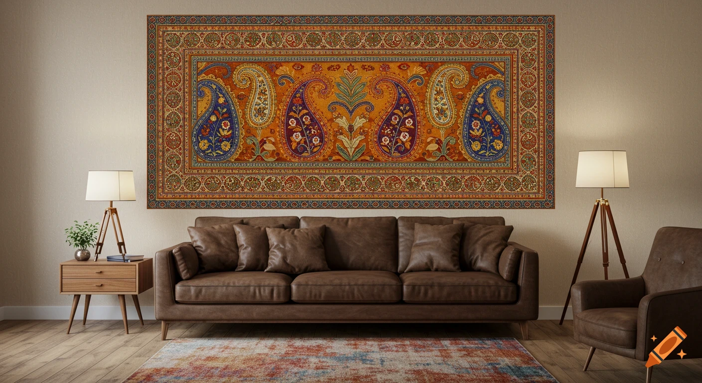 A modern living room with a brown leather couch, wooden furniture, and a large, colorful Indian-style tapestry on a beige wall.