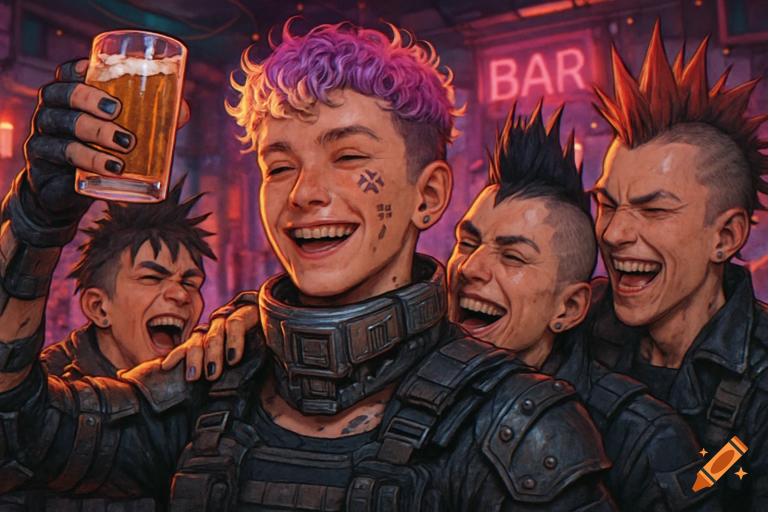 Four laughing male punks in a stylized bar scene, one holding a beer, with neon signs in the background.