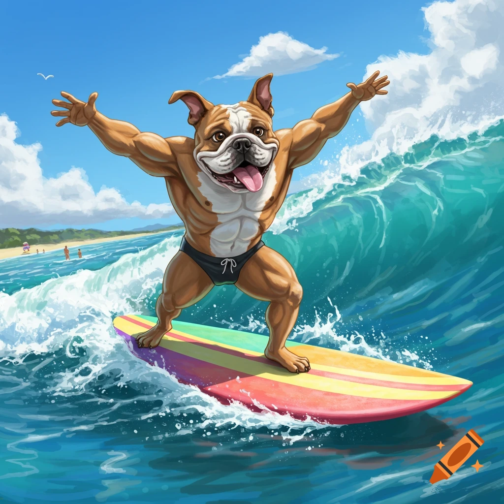 A muscular, cartoon bulldog in swim trunks joyfully surfs on a colorful board, riding a large ocean wave with a beach in the background.