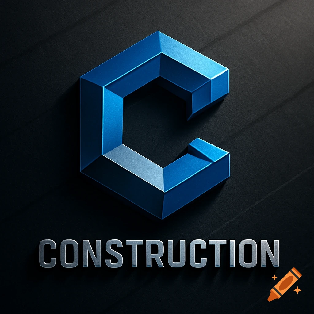 Blue 3D letter C logo above the word 'CONSTRUCTION' in metallic silver on a dark background.