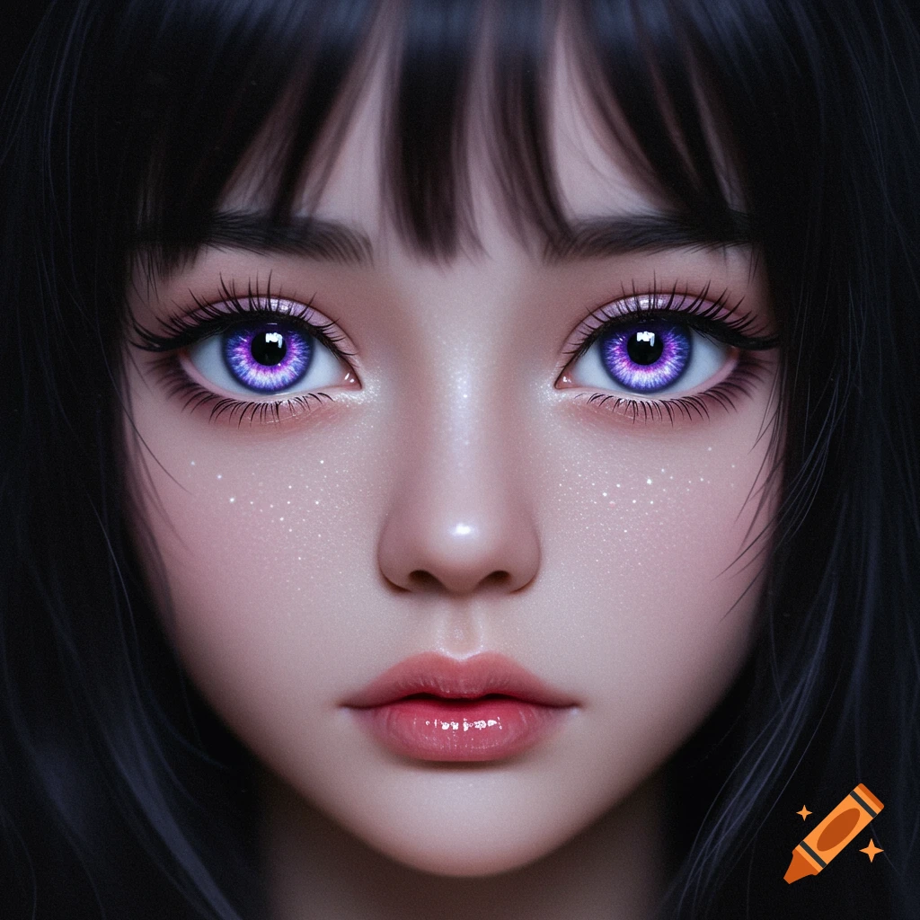 Close-up of an anime-style girl's face with vibrant purple eyes, dark bangs, and pale skin, rendered in a realistic digital art style.