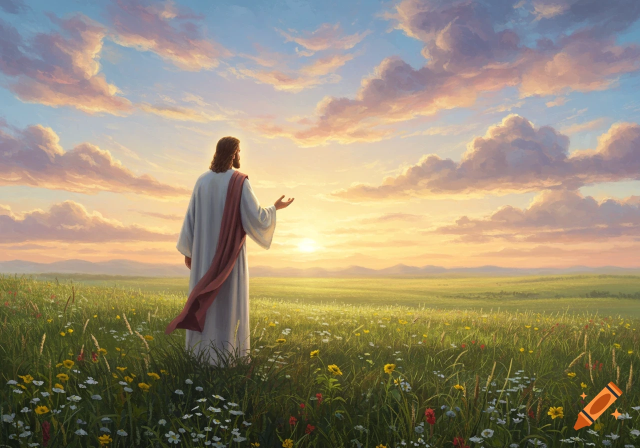 Jesus stands in a vibrant green field filled with wildflowers, gazing towards a brilliant sunset under a colorful, cloudy sky.