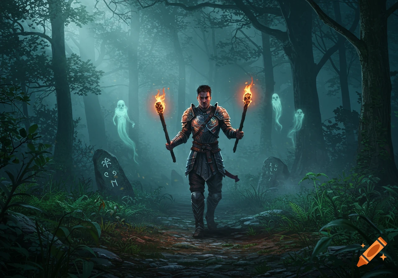 A knight in armor with two flaming torches walks through a misty, haunted forest, surrounded by glowing ghosts and ancient runic stones.