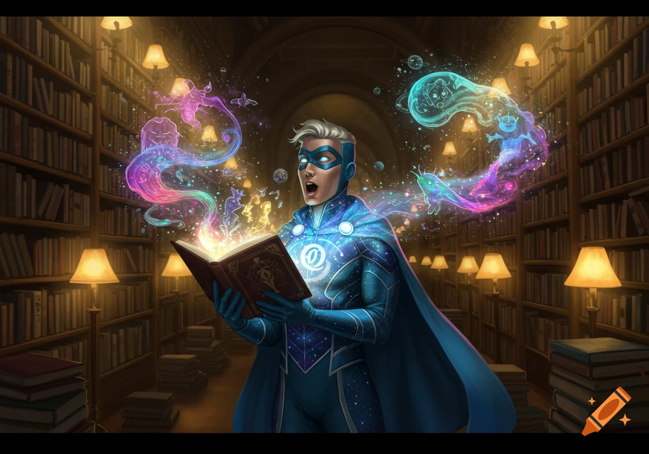 A superhero in a blue suit and cape reads an open book in a library, as colorful magical creatures and light emanate from it.