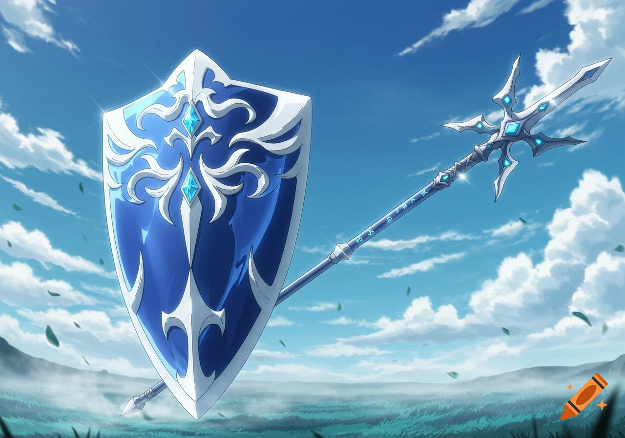 An anime-style blue and white shield with ornate details and a matching lance with glowing blue accents against a bright sky with clouds.
