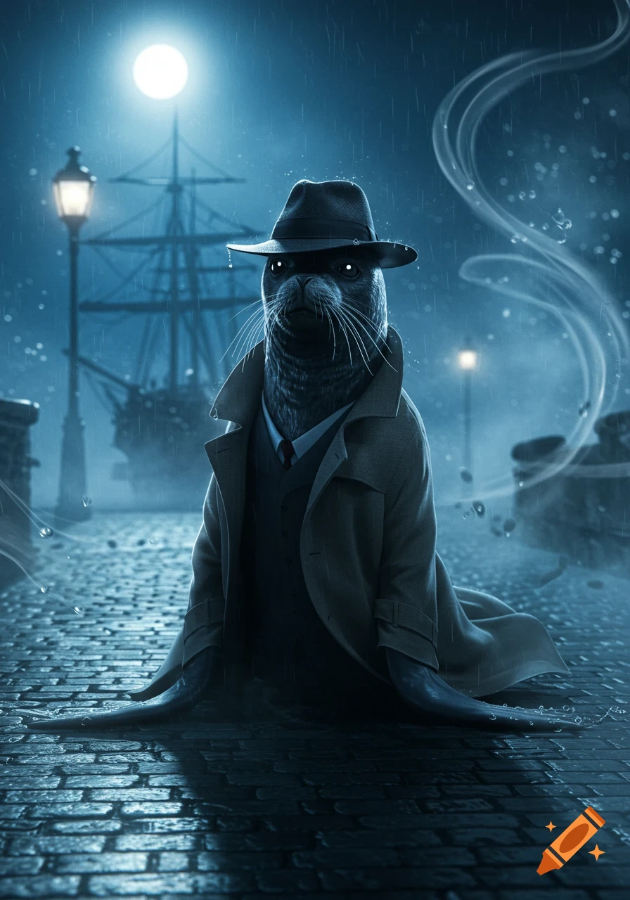 A seal wearing a trench coat and fedora sits on a wet cobblestone street at night, with a ship and full moon in the background.