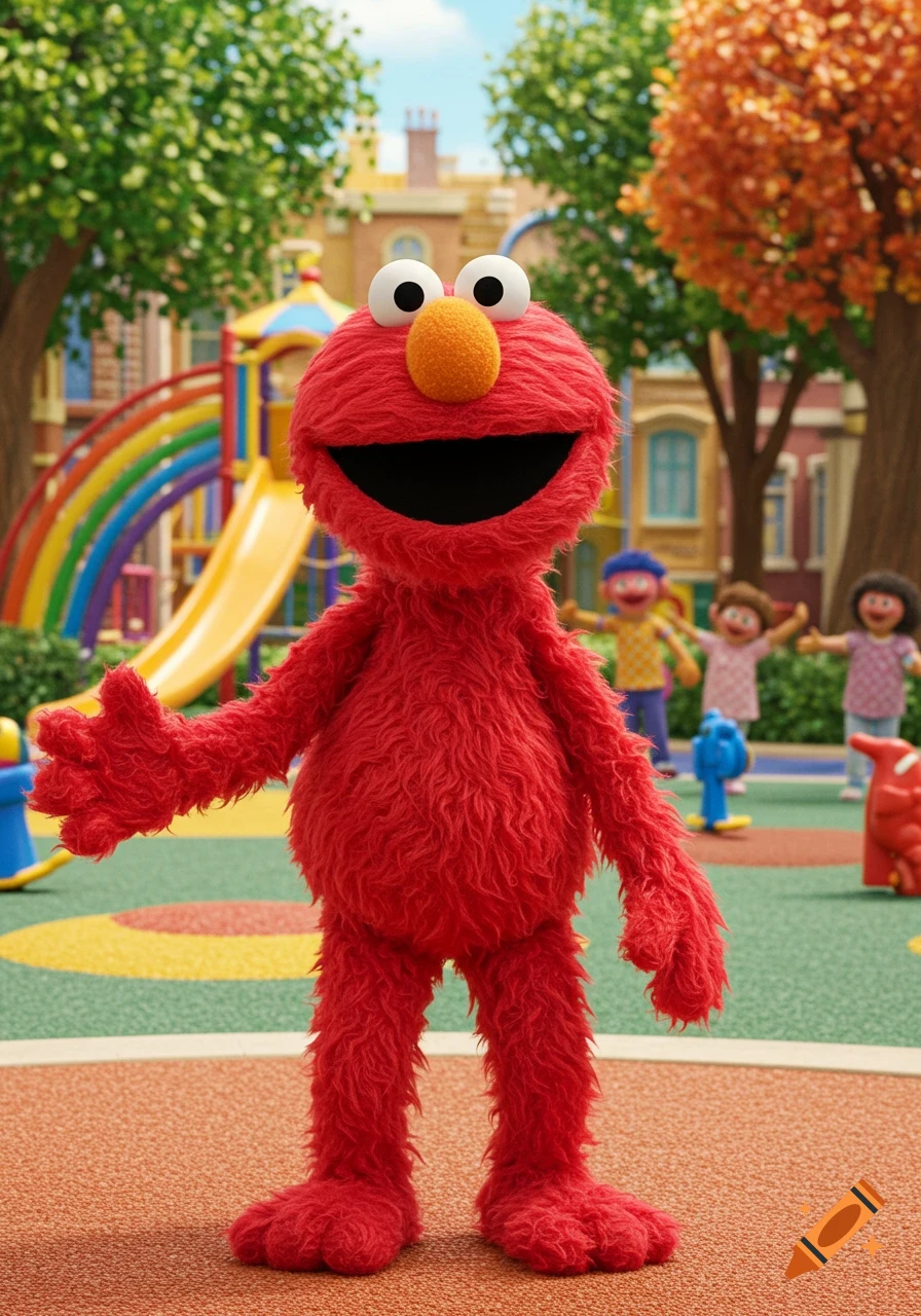 Elmo stands smiling in a vibrant children's playground with a rainbow slide and other play structures.