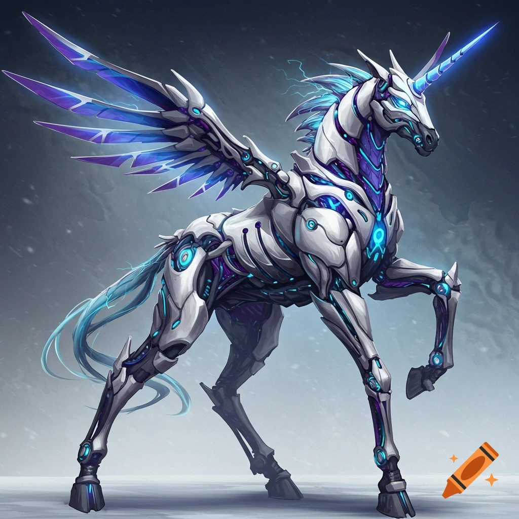 A majestic robotic unicorn with white, blue, and purple cybernetic armor and mechanical bladed wings stands in a futuristic setting.
