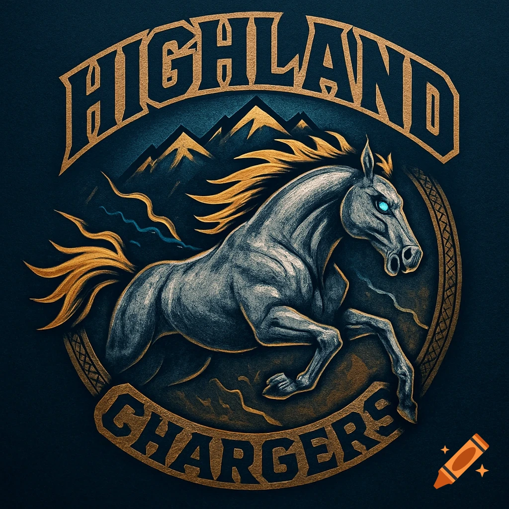 Vintage style logo featuring a gray horse with golden mane charging, set against mountains, with text "Highland Chargers".